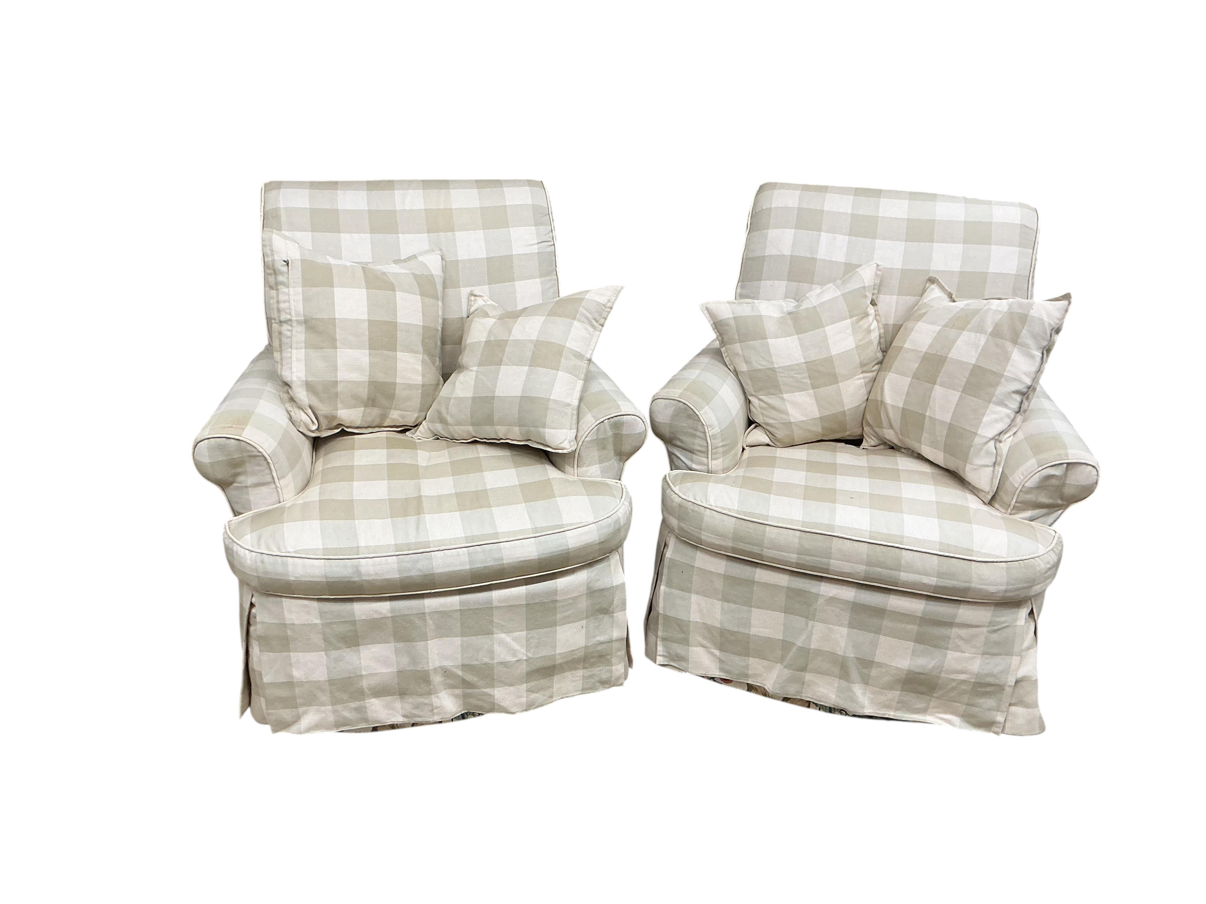 A pair of large grey and white squared upholstered settees, width 200cm, depth 90cm, height 84cm and a pair of matching armchairs